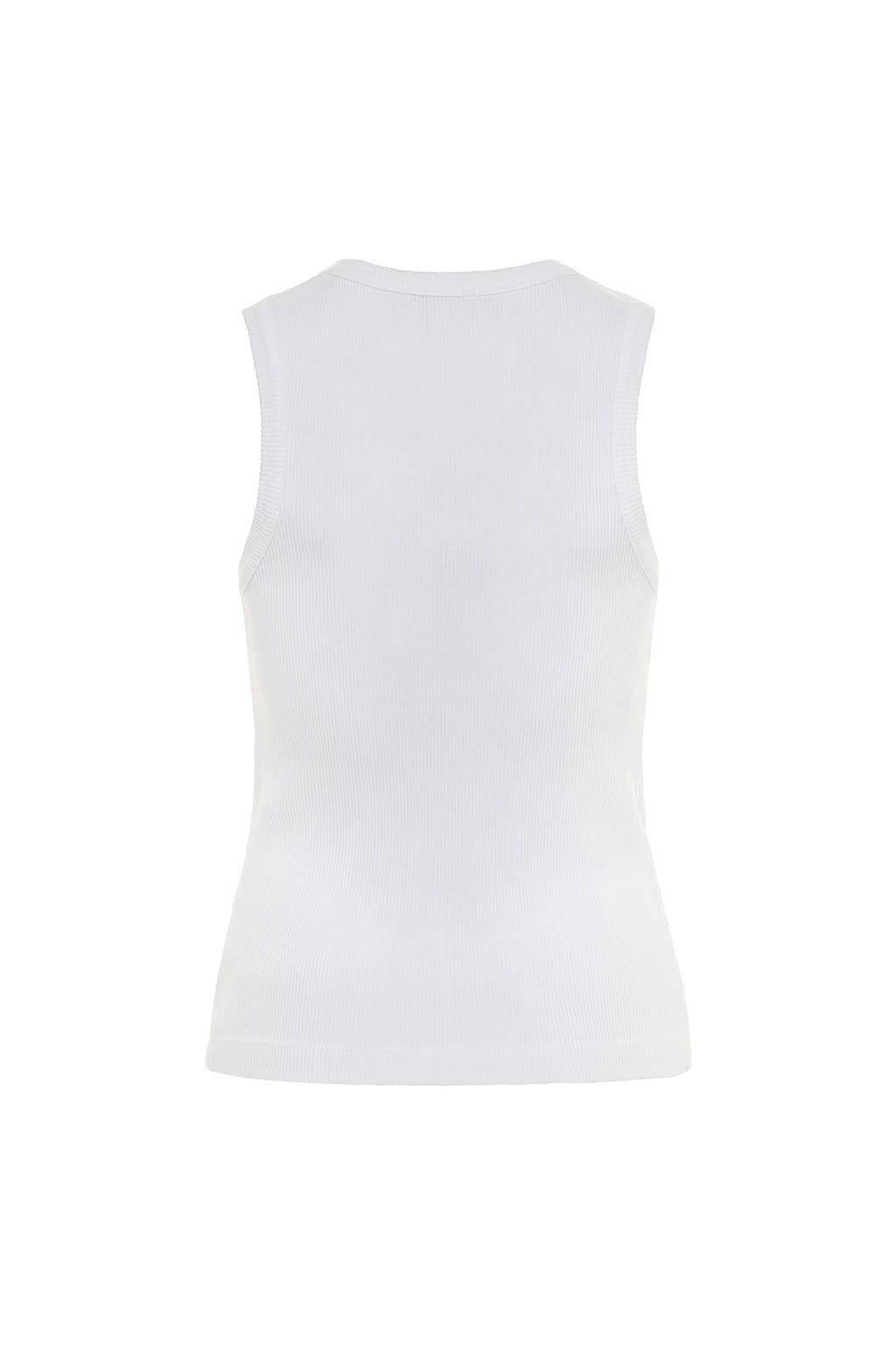 White ribbed sleeveless tank top with crew neckline, displayed flat against white background.