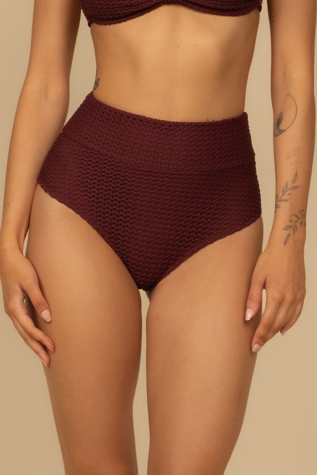 Maroon Crochet Full Coverage High Rise Bikini Bottom