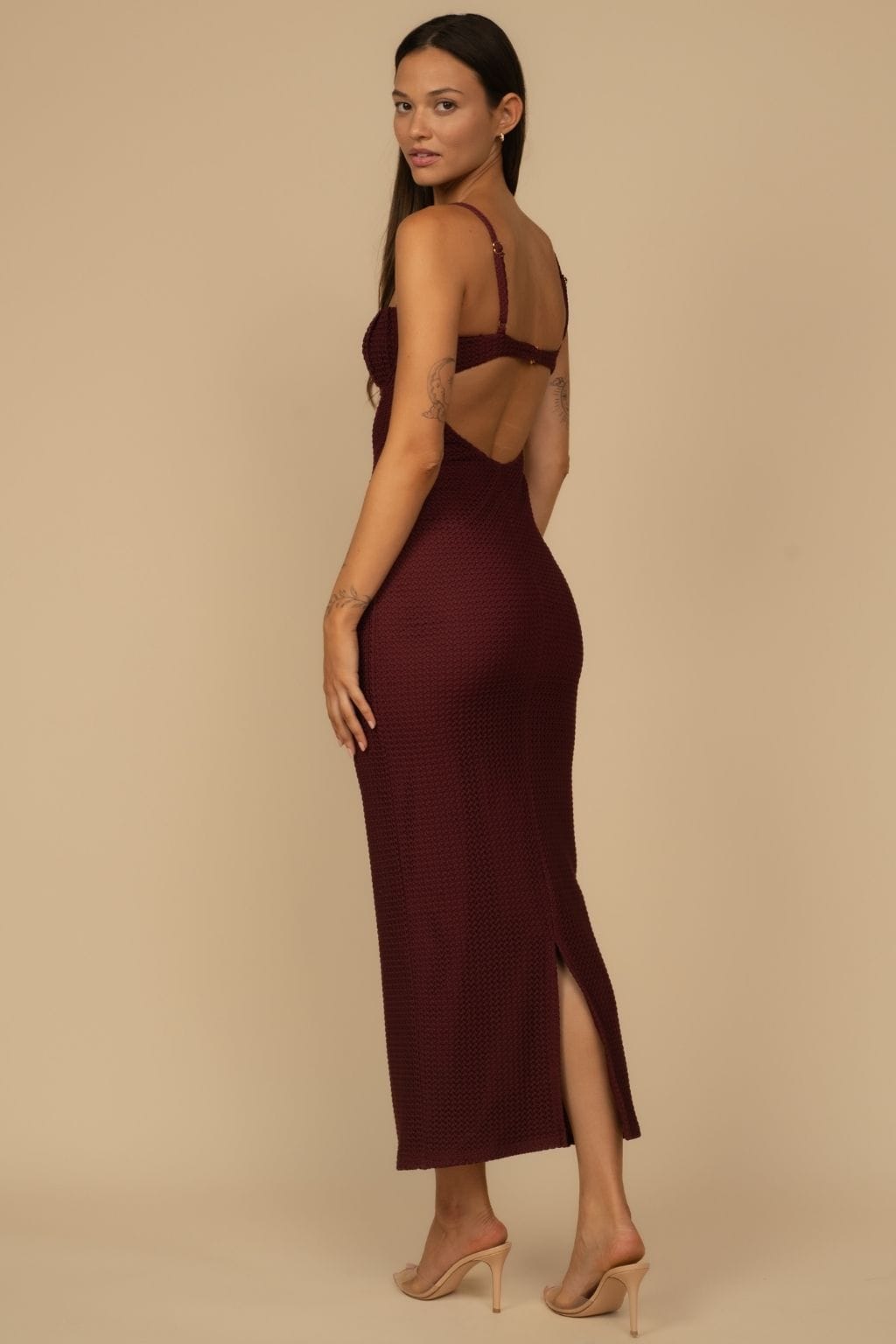 Maroon Crochet Petal Long Slip Dress