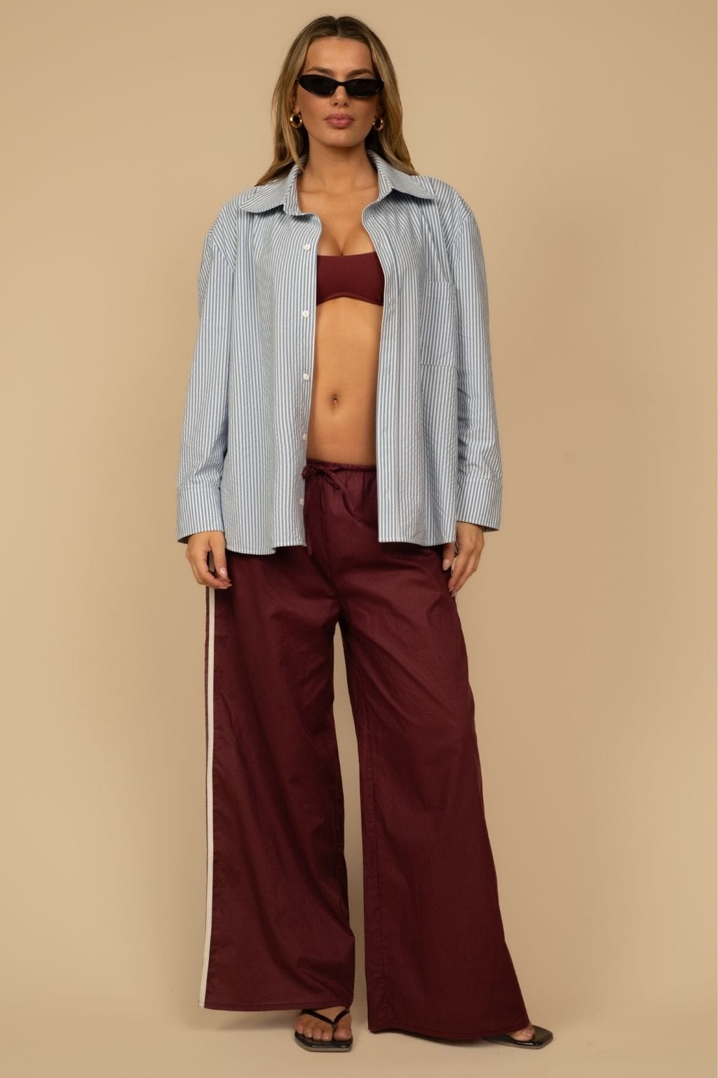 Maroon Sporty Drawstring Wide-Leg Pant