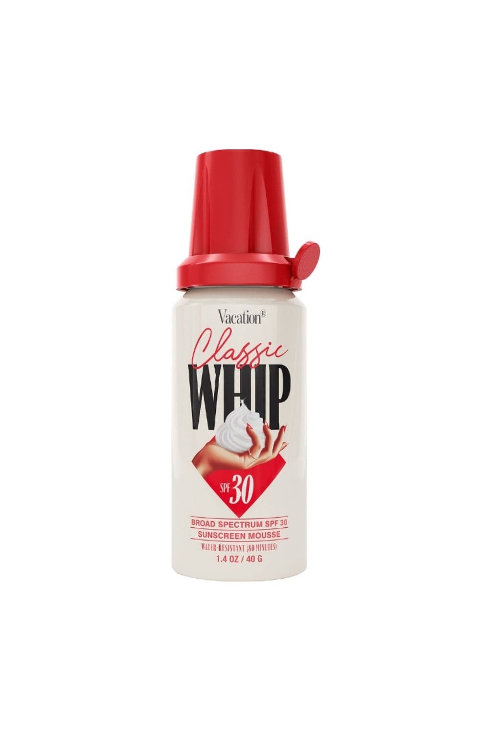 Small white aerosol can with red cap labeled "Vacation Classic Whip SPF 30" sunscreen mousse.