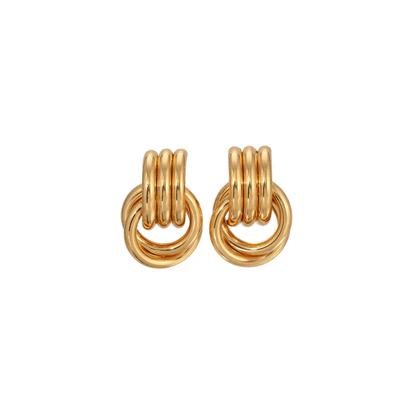 Pair of gold-tone stud earrings with triple ridged tops and circular drop bases.
