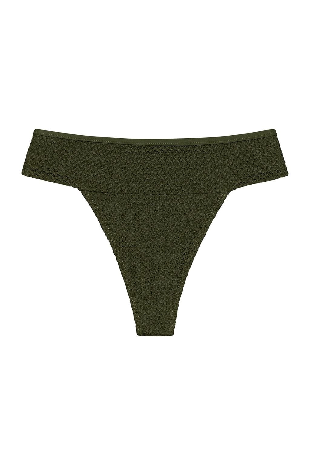 Olive green crochet bikini bottom with textured knit fabric and off-shoulder neckline design.