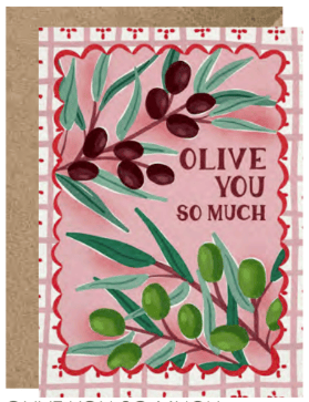 Greeting card with pink background featuring olive branches and text "Olive You So Much" with kraft envelope.