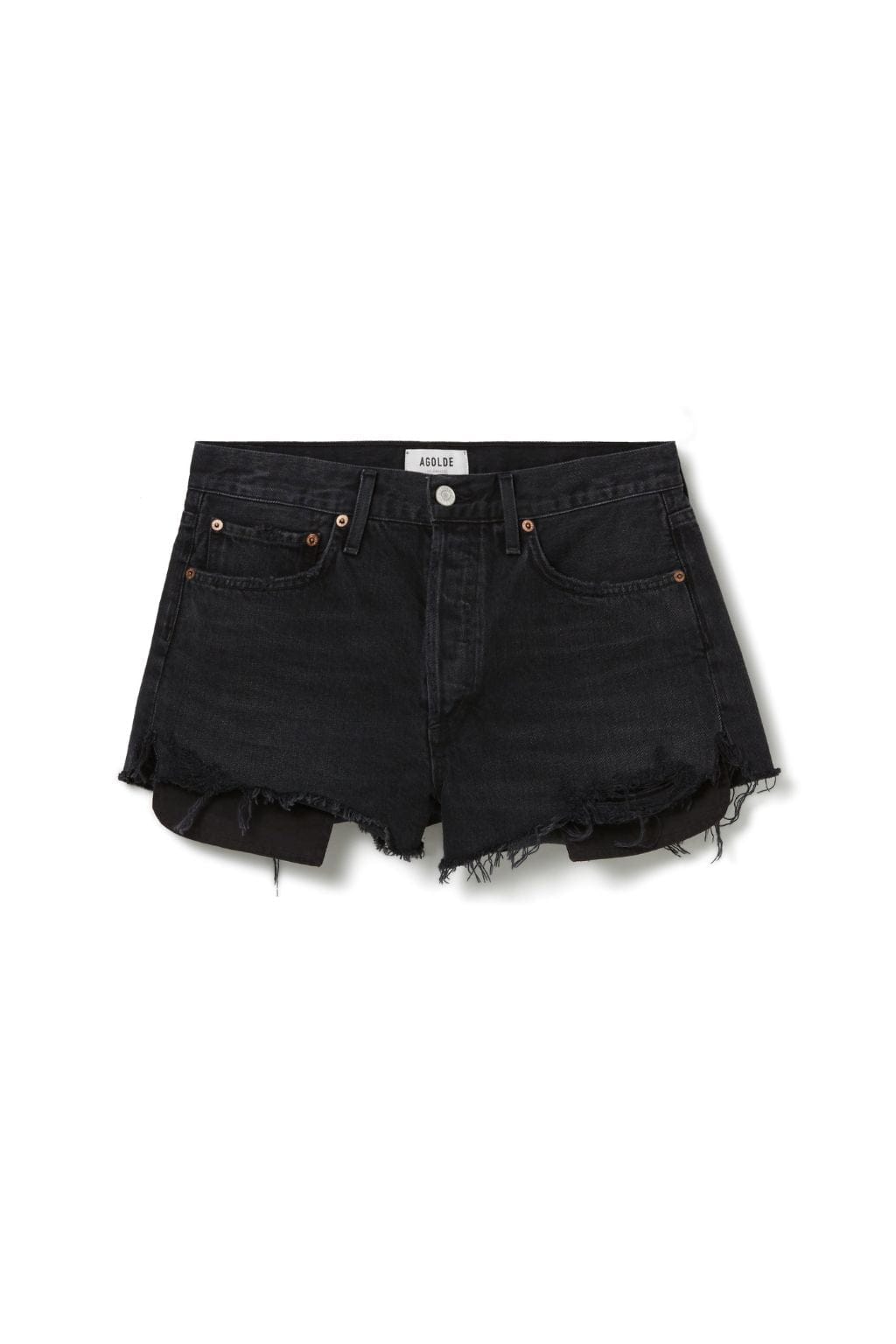 Black denim cut-off shorts with distressed edges, copper rivets, and a white waistband label.
