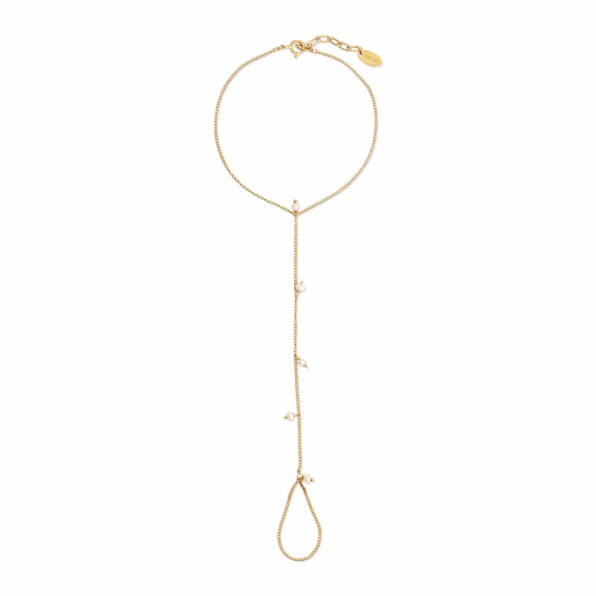 Gold-toned chain handchain with small pearl accents and finger loop attachment.