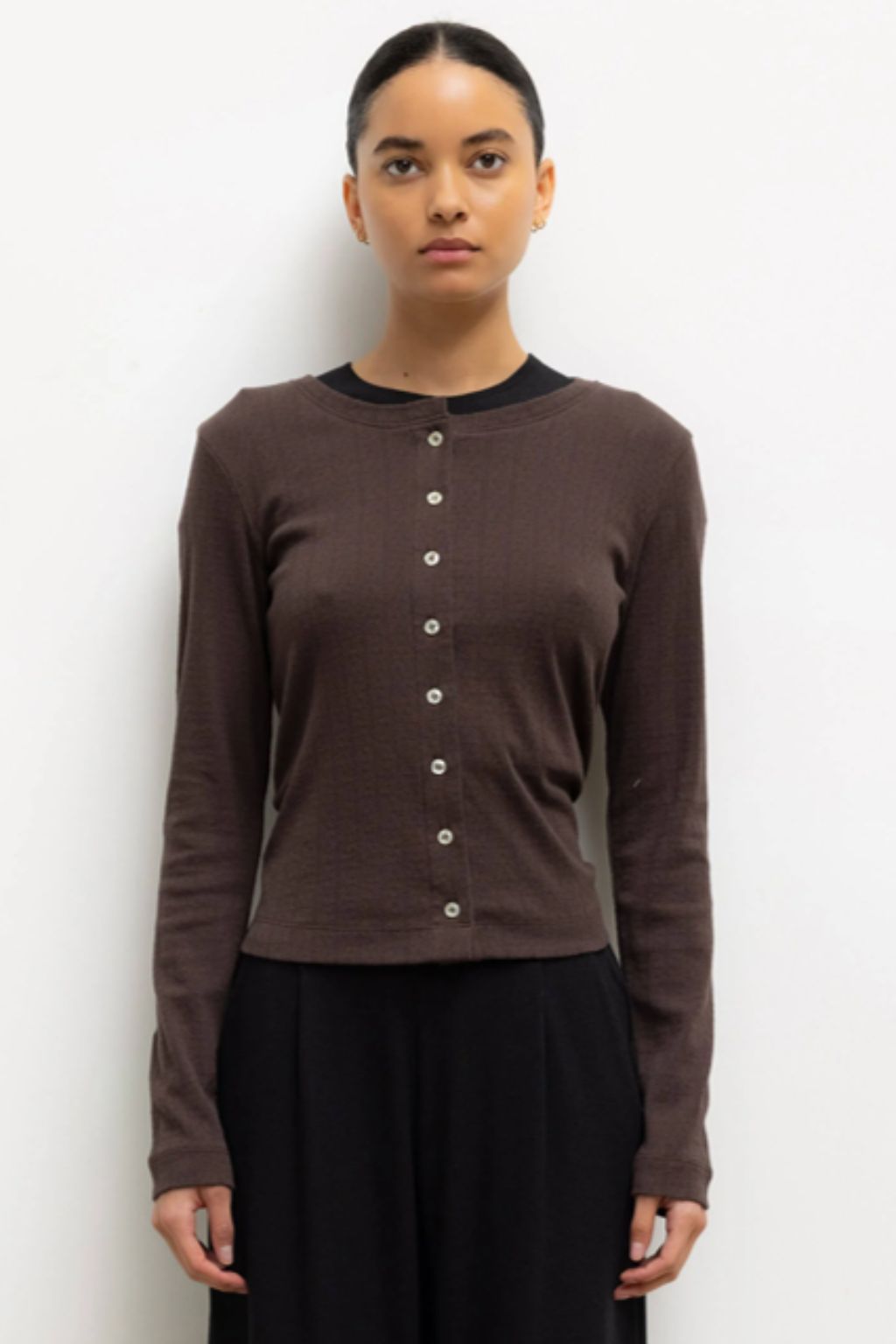 Pointelle Classic Crew Cardigan (Chocolate)
