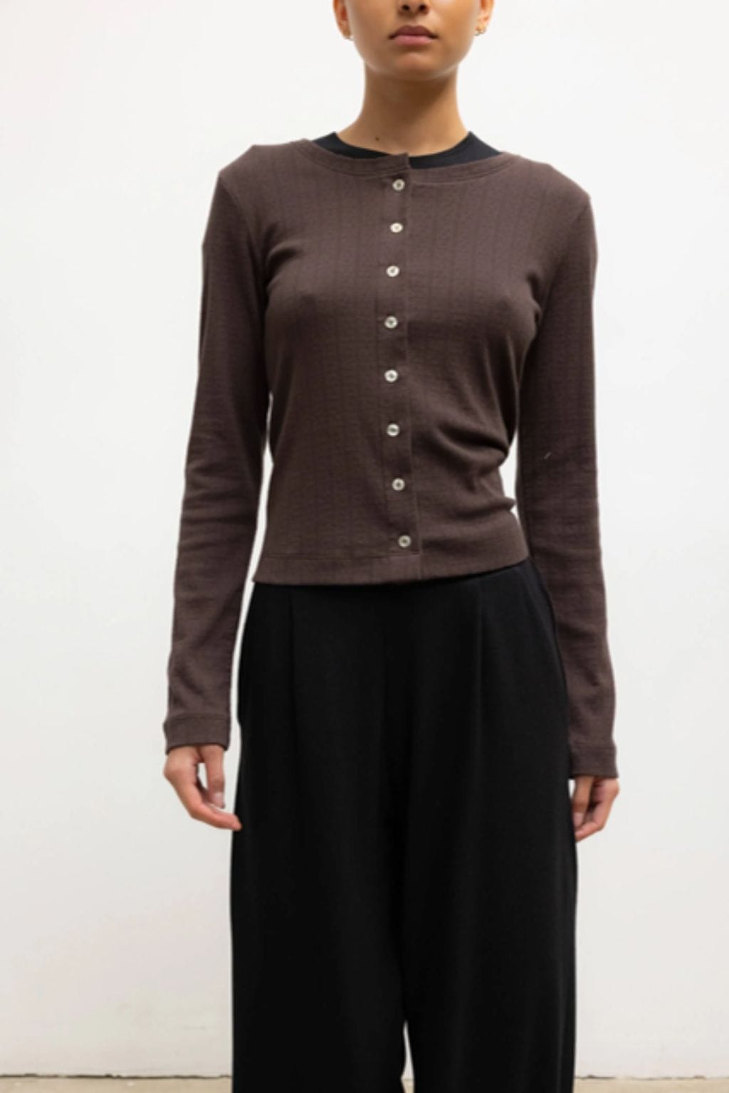 Pointelle Classic Crew Cardigan (Chocolate)