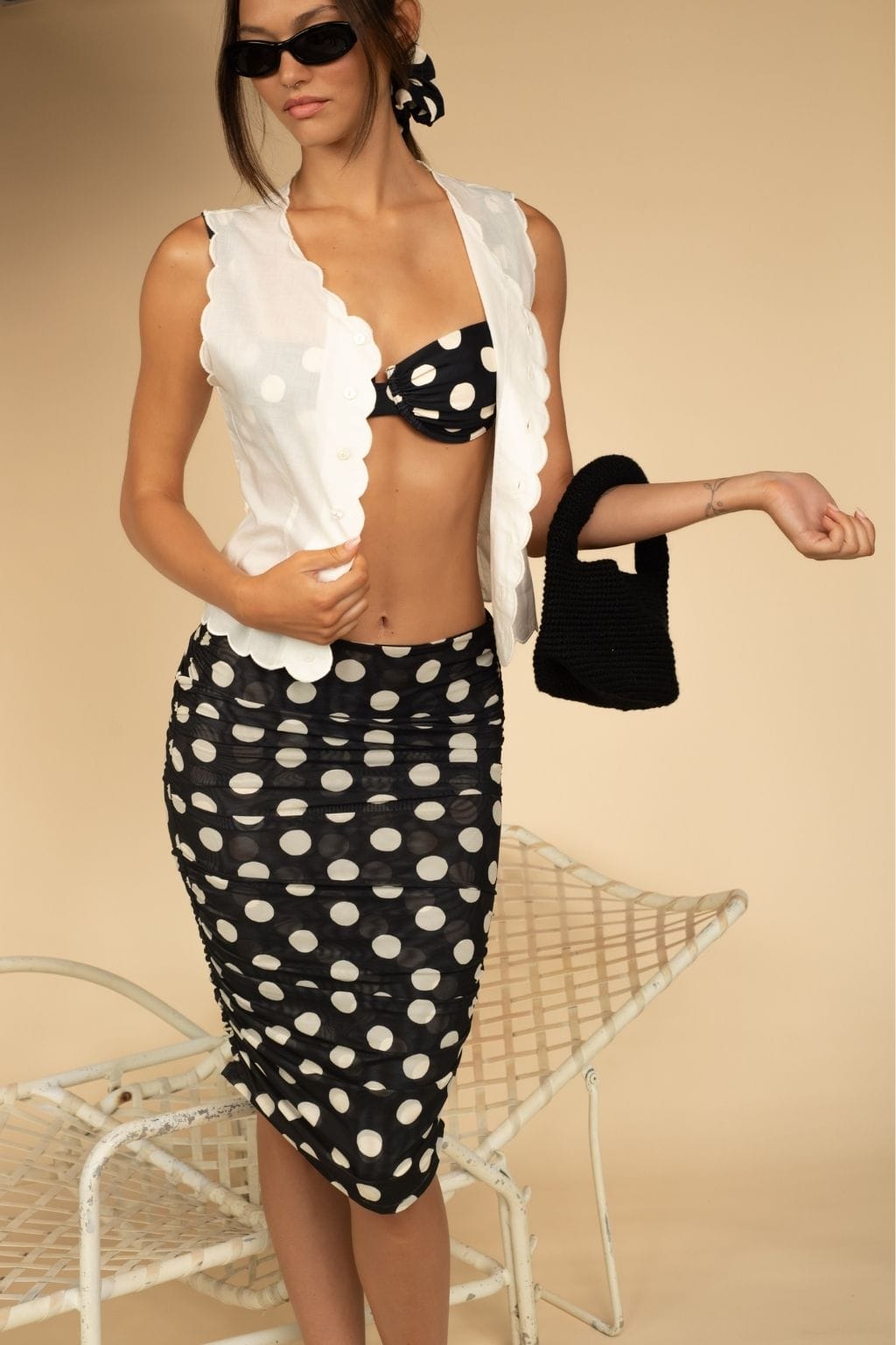 Polka Dot Mesh Ruched Midi Skirt