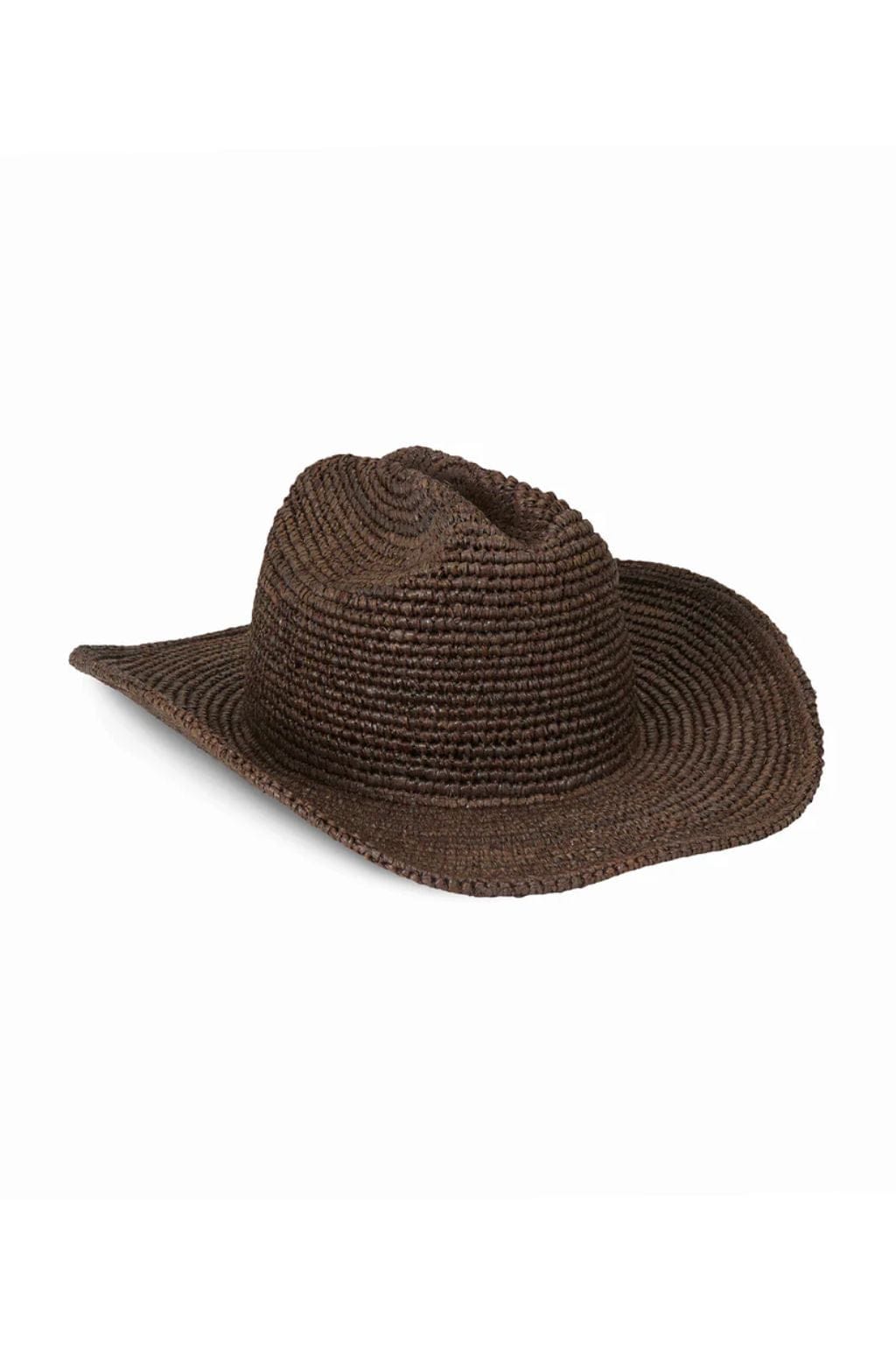 Brown raffia cowboy hat with wide brim and textured woven construction.
