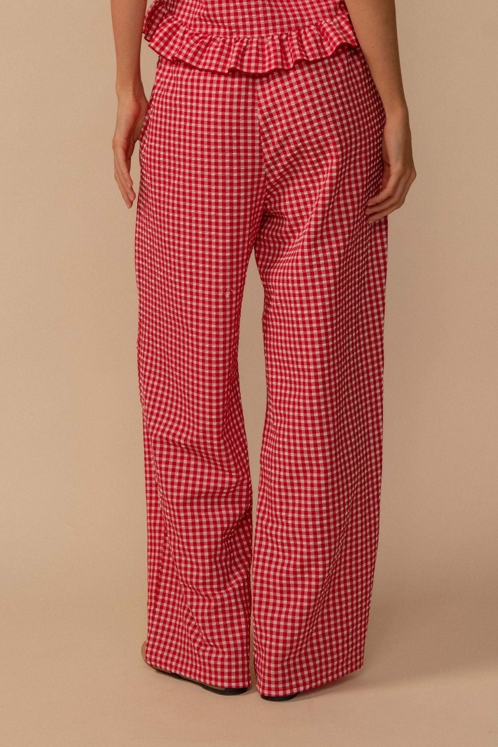 Red Micro Gingham Drawstring Wide-Leg Pant