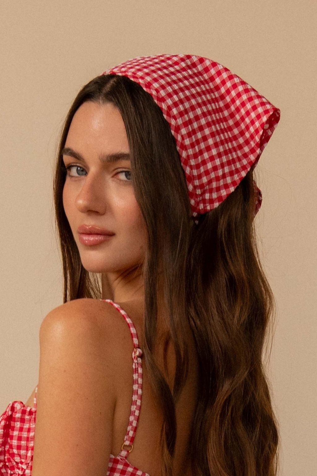 Red Micro Gingham Tie-Up Scarf