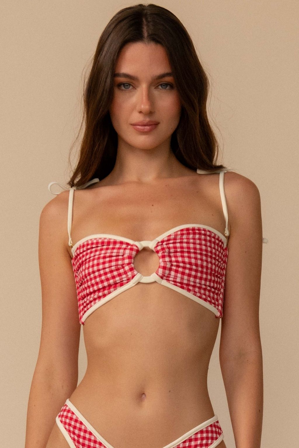 Red Micro Gingham Binded Tori Ties Bandeau Bikini Top