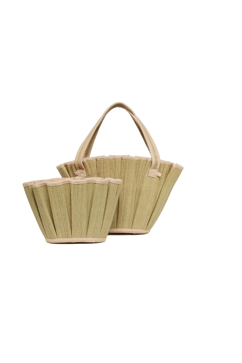 Small woven tote bag in cream and natural beige with pleated sides and dual handles.