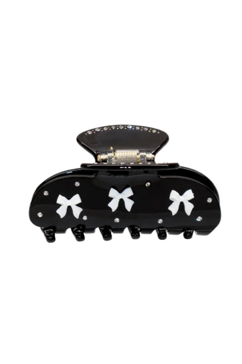 Black hair clip with white bow designs, rhinestone accents, and metal clasp with textured top.