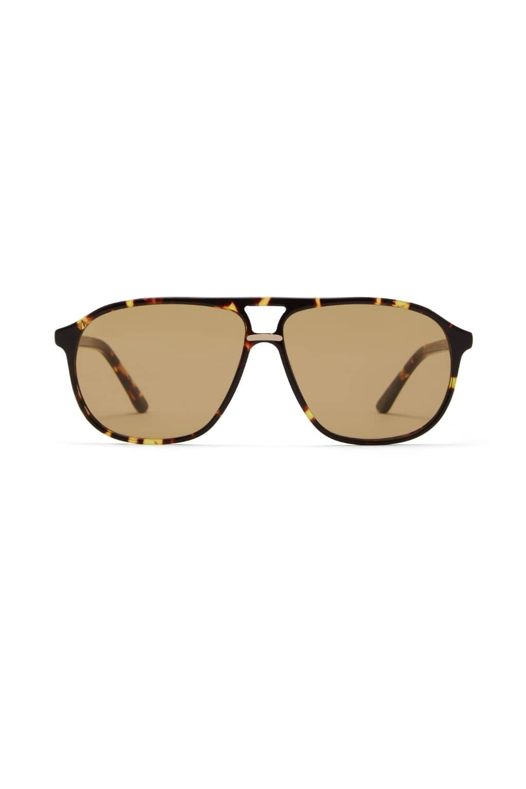 Amber tortoise and black aviator sunglasses with tan-tinted lenses and adjustable nose bridge.
