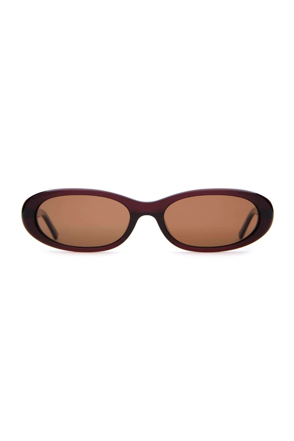 Dark plum oval sunglasses with brown tinted lenses.