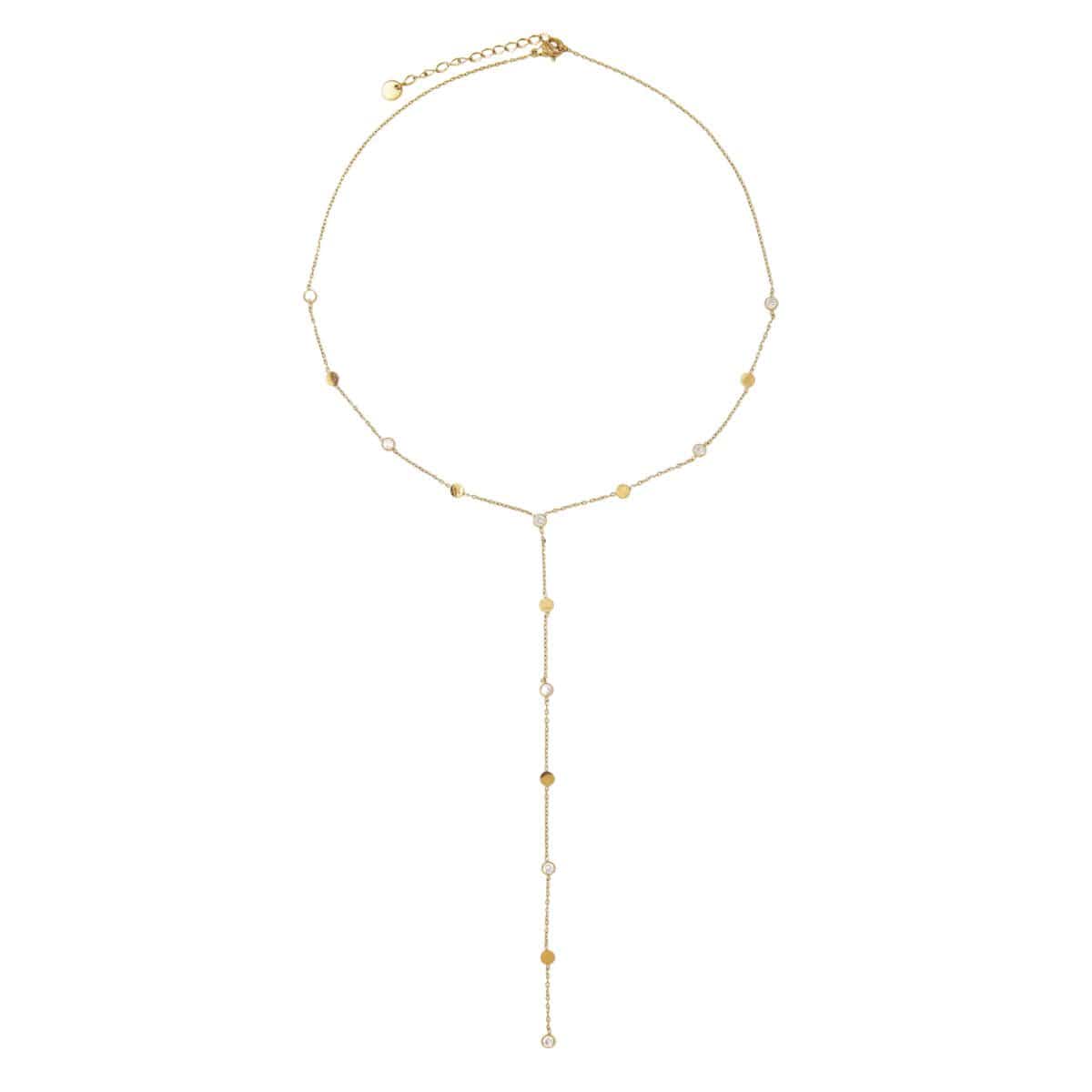 Gold-toned chain necklace with alternating small beads and rhinestone accents, featuring a long pendant drop.