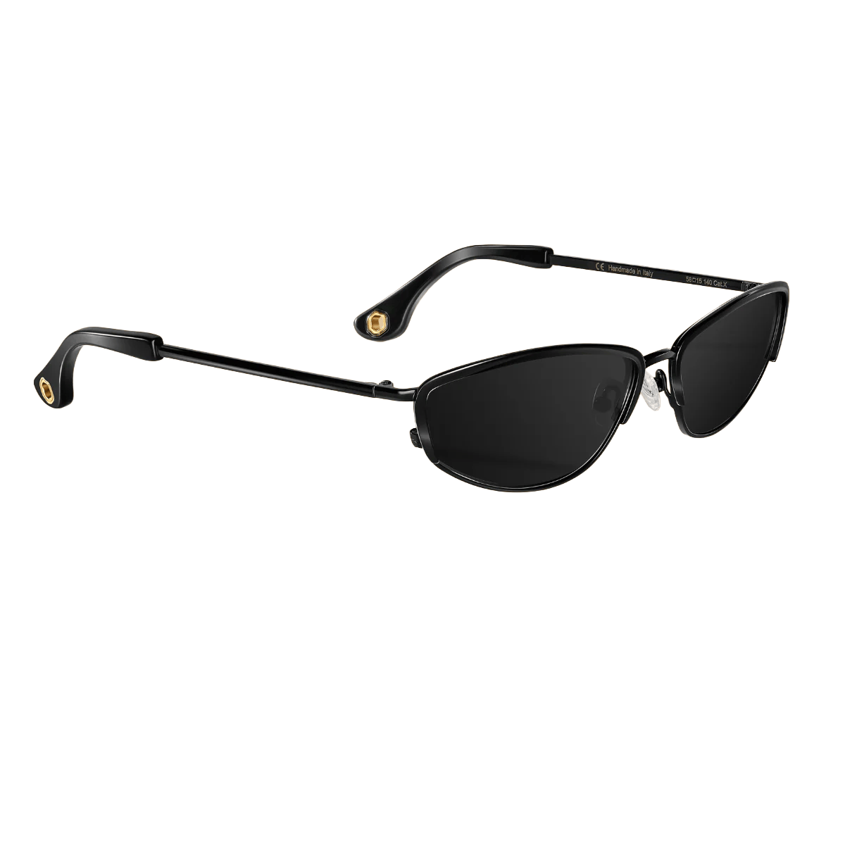 Black oval sunglasses with dark lenses and curved metal frames with gold-tone accents on the temples.