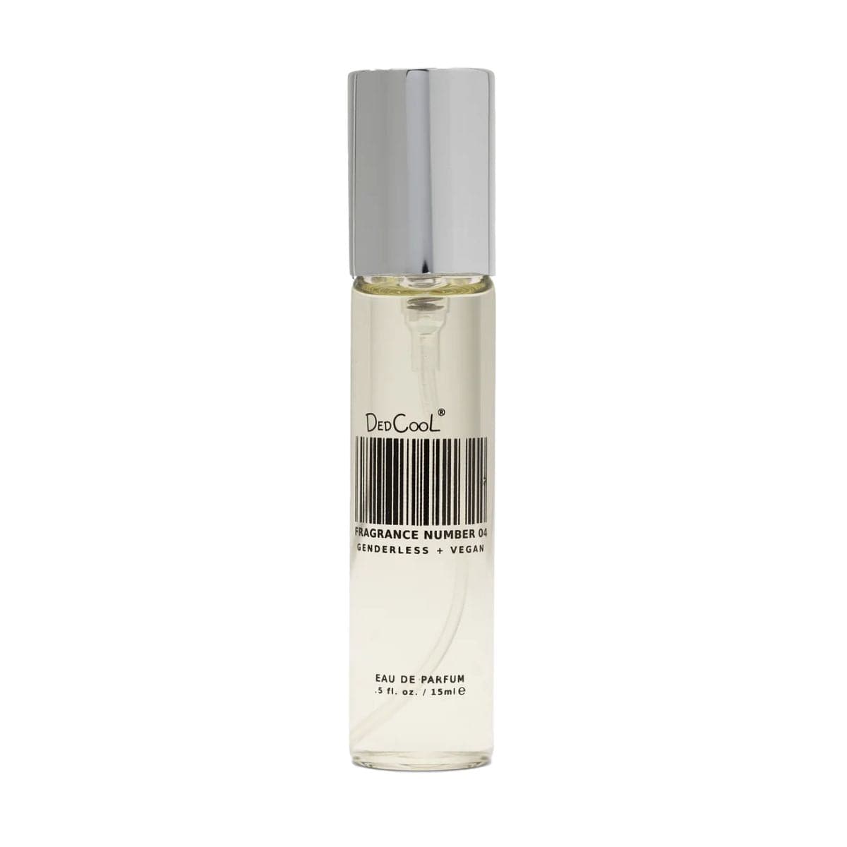 Clear glass spray bottle with silver cap containing pale yellow liquid, labeled DedCool Fragrance Number 04, 15ml size.