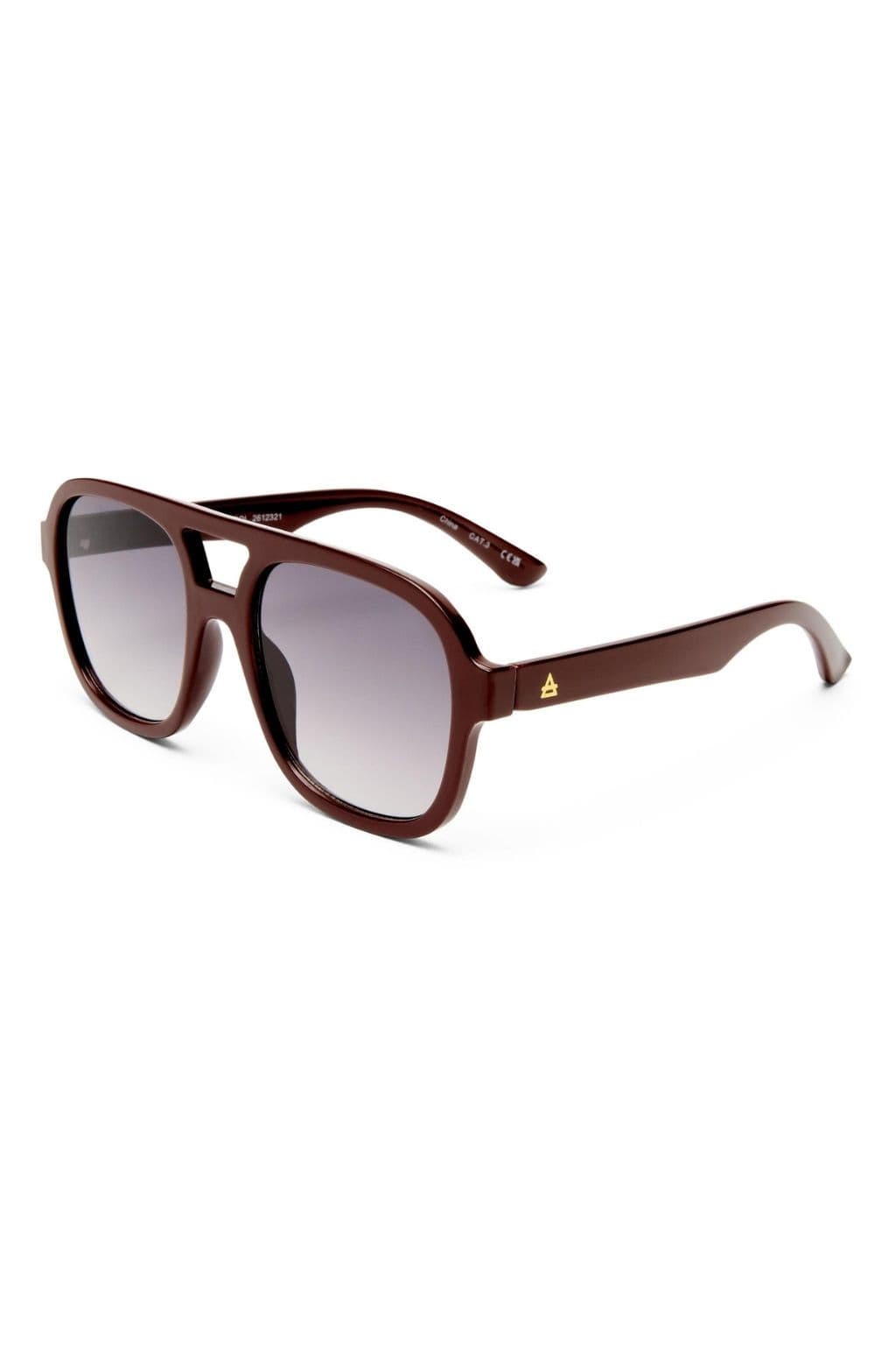 Burgundy square-frame sunglasses with gradient lenses and gold-toned temple detail.
