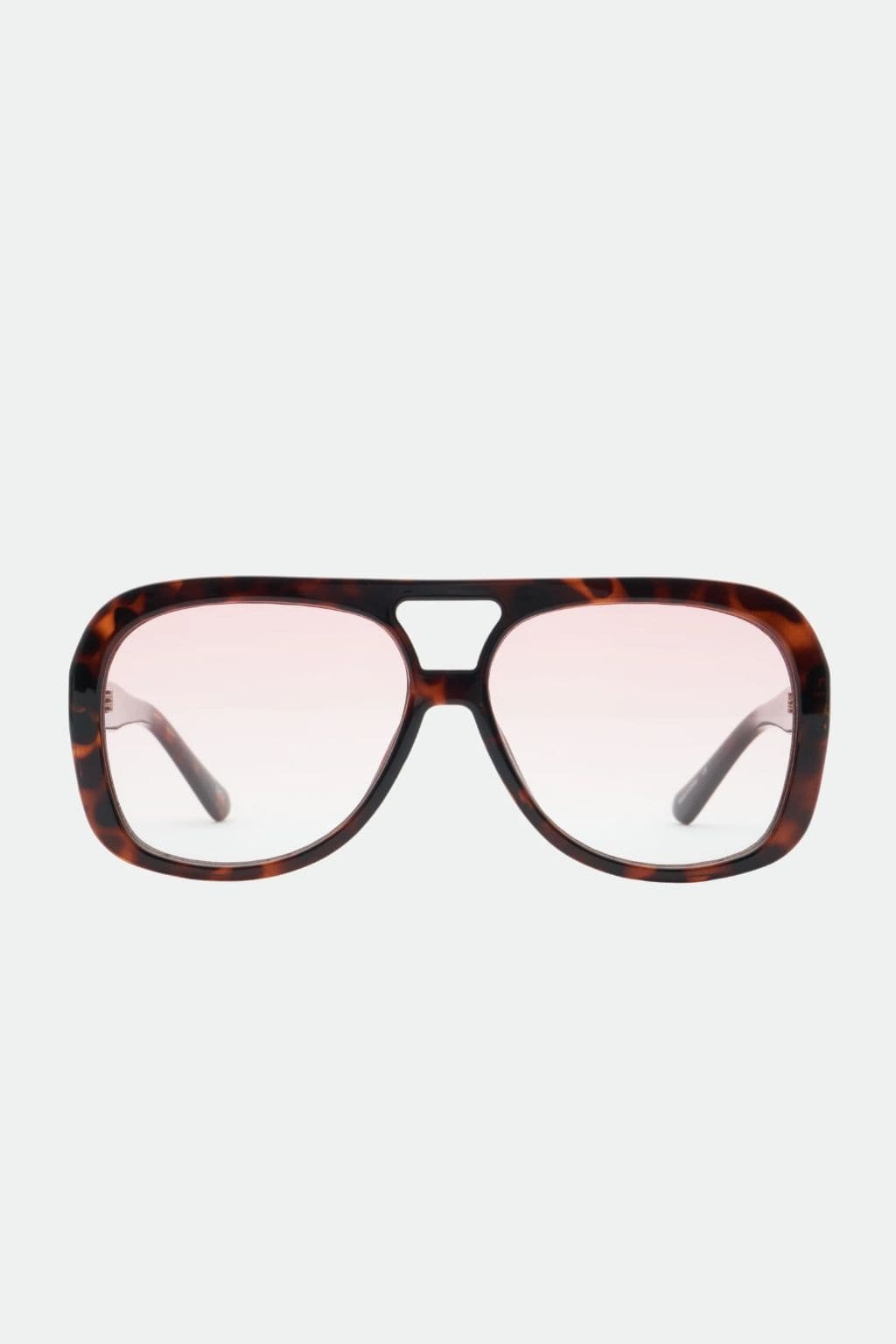 Tortoiseshell aviator-style sunglasses with light pink lenses and black bridge detail.