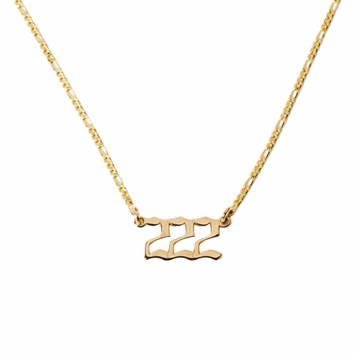 Gold necklace with rectangular link chain and "222" numeral pendant.