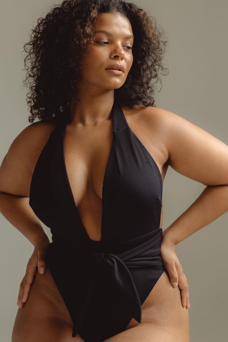 Black Rib Tropez Tie-Up One-Piece