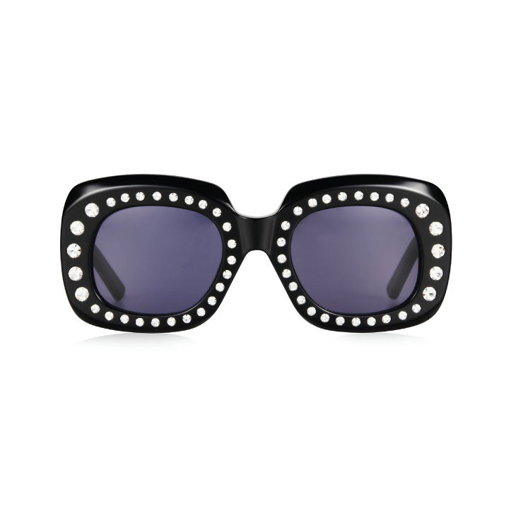 Black square sunglasses with rhinestone-studded frames and dark tinted lenses.
