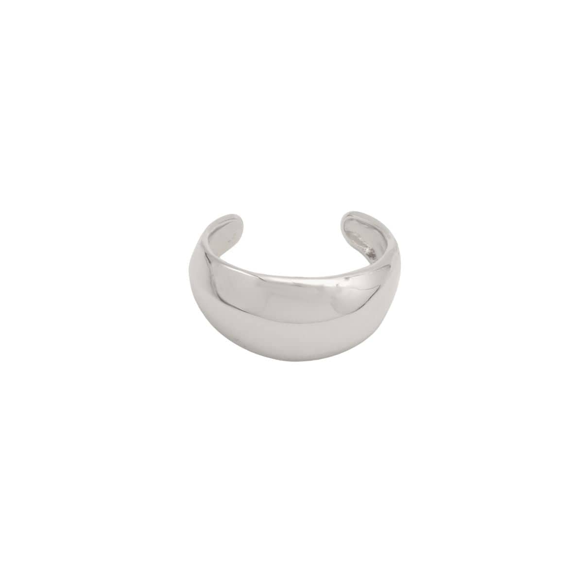 Silver-toned polished cuff bracelet with a curved, wide dome shape and open design.