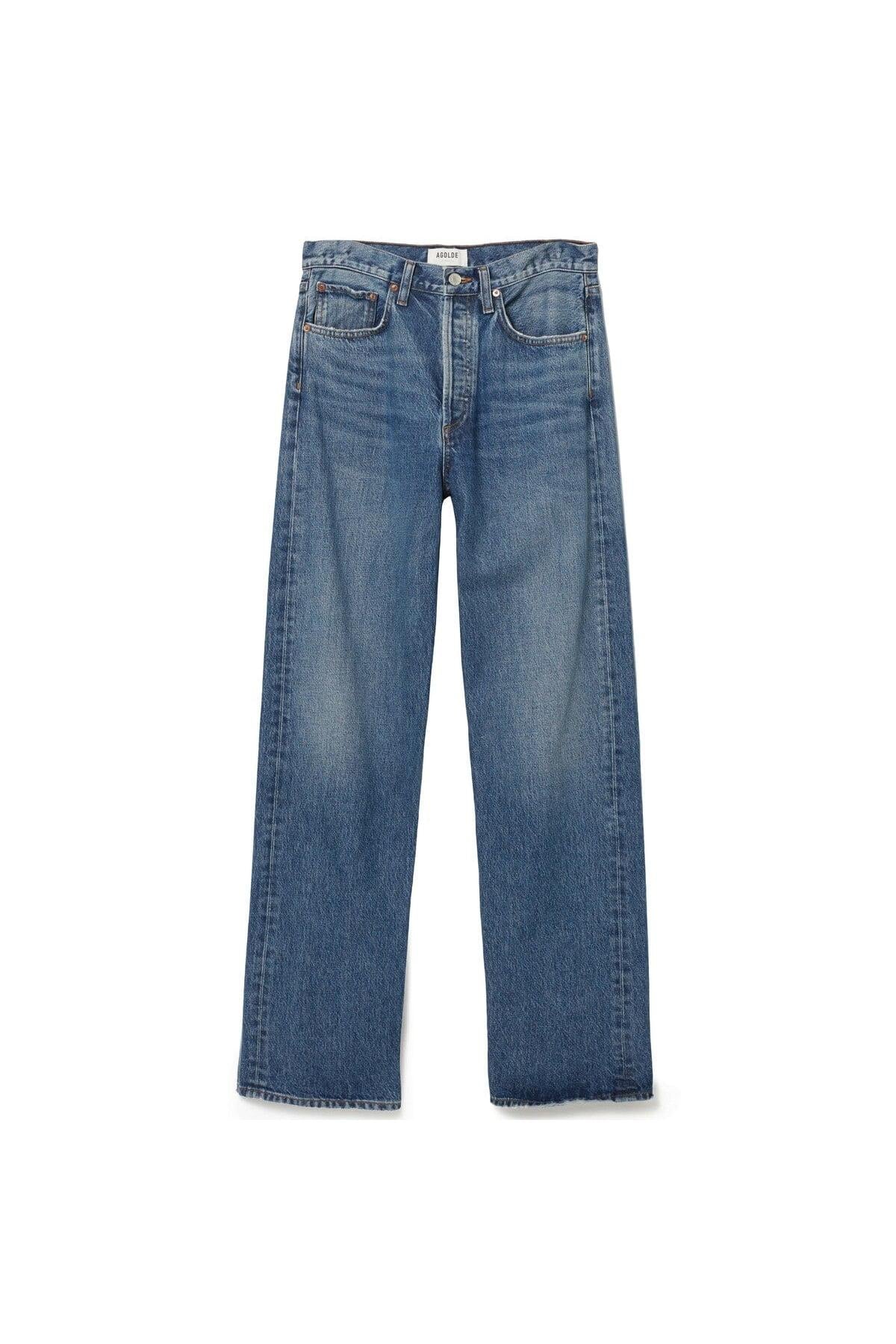 Medium wash straight-leg jeans with high waist, five-pocket styling, and frayed hem.