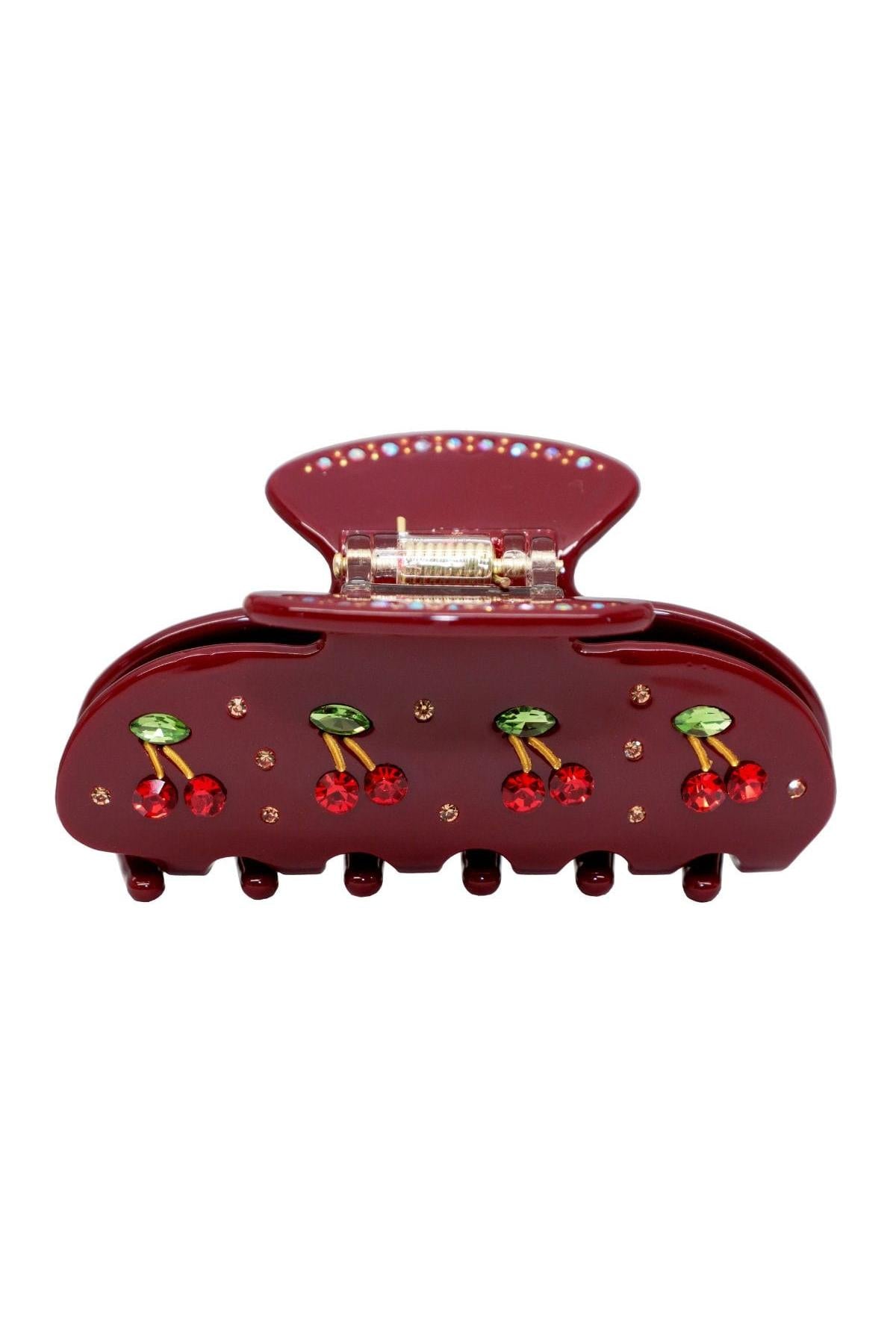Burgundy hair clip with cherry and leaf designs, crystal accents, and scalloped base with rounded teeth.