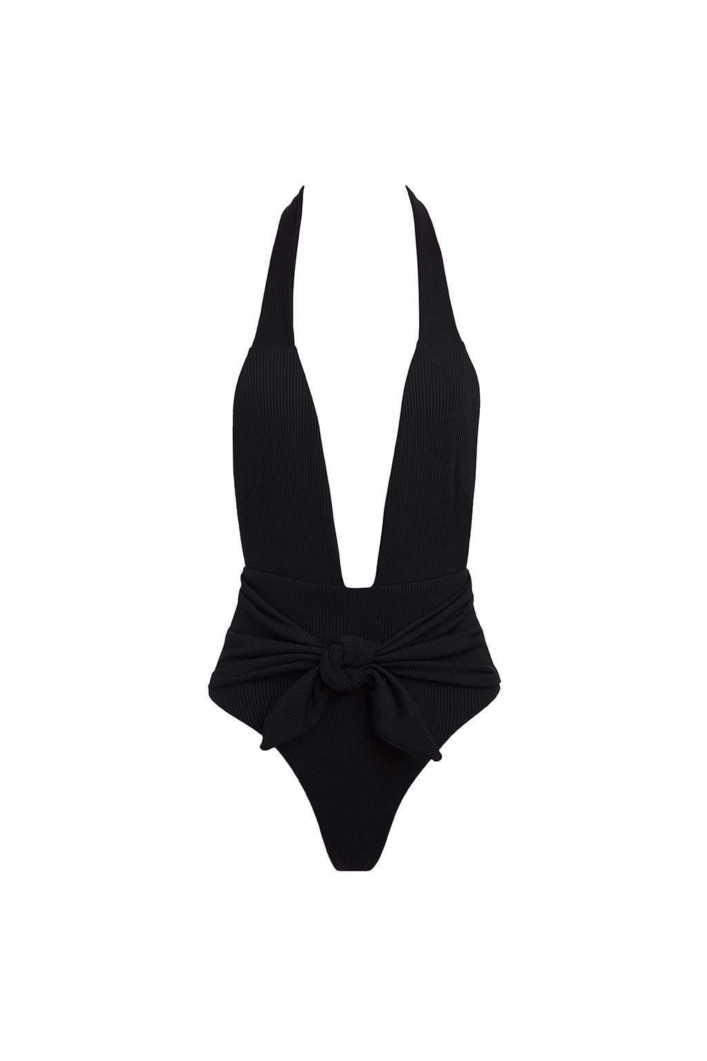 Black Rib Tropez Tie-Up One-Piece