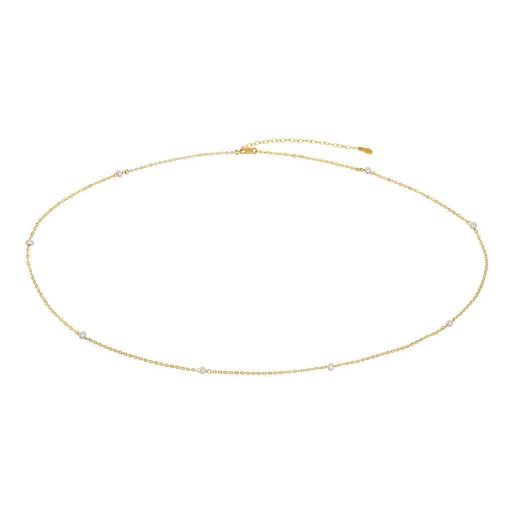 Gold-toned chain belly chain with small pearl accents spaced throughout, featuring an adjustable clasp.