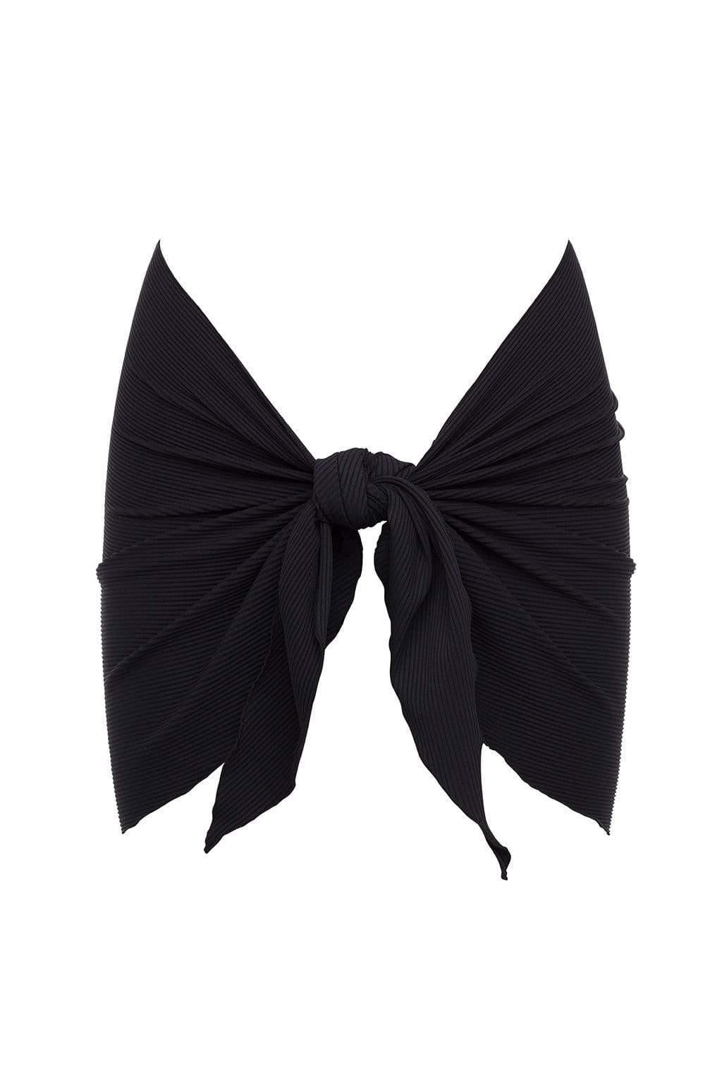 Black ribbed sarong with tie front closure and draped wings.