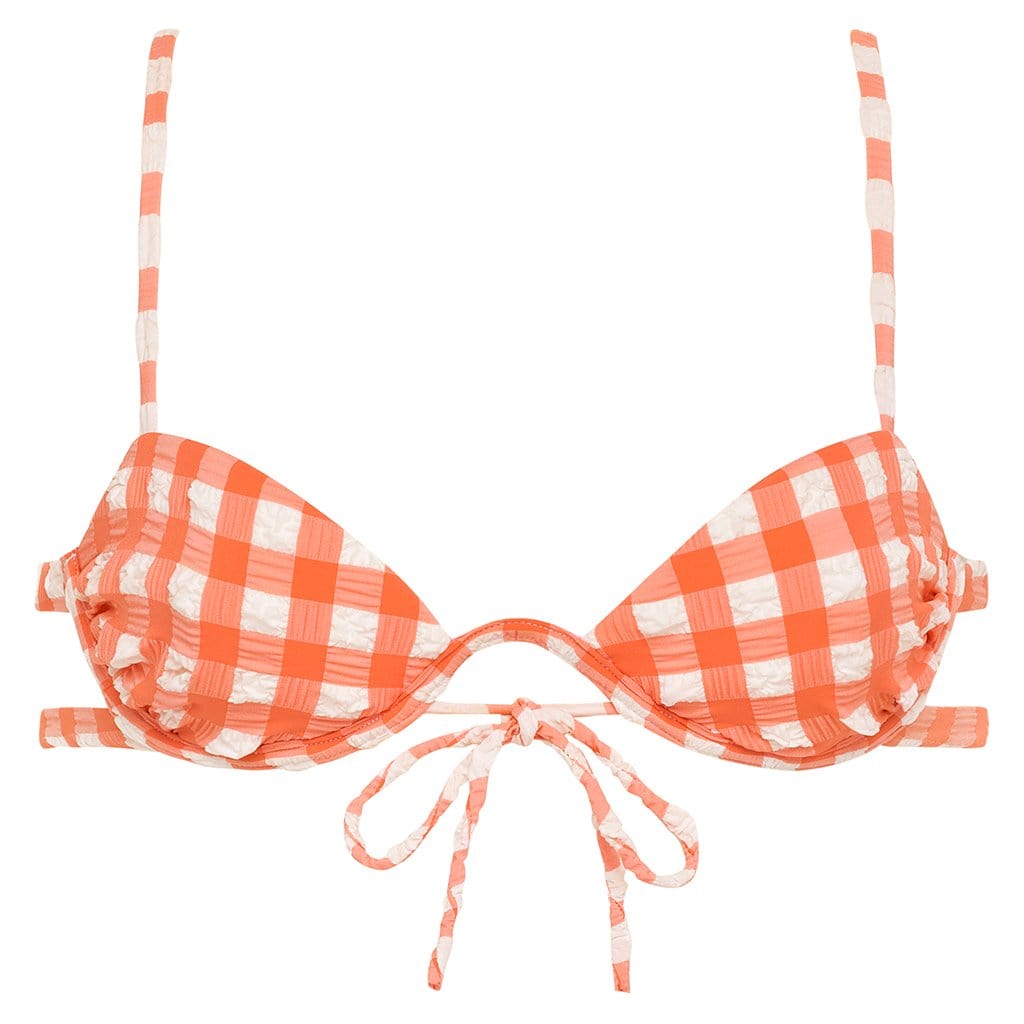 Shrimp Gingham Elany Tie-Up Bikini Top