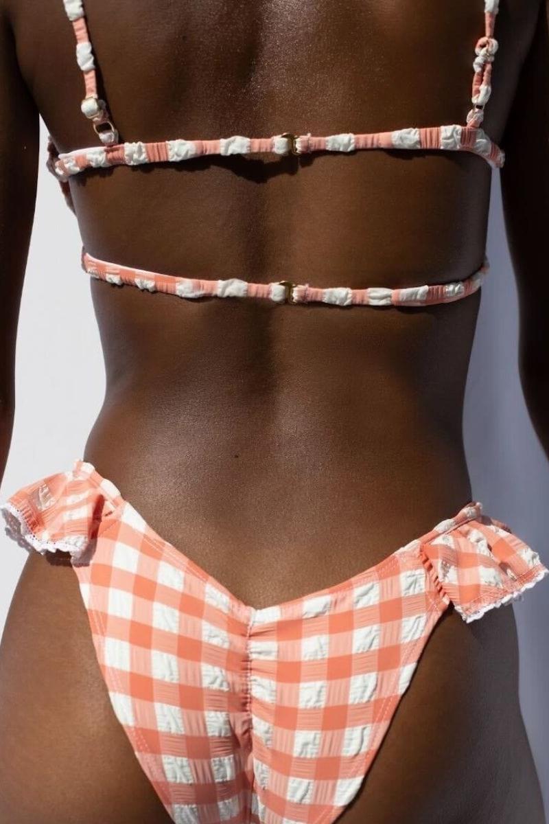 Shrimp Gingham Elany Tie-Up Bikini Top