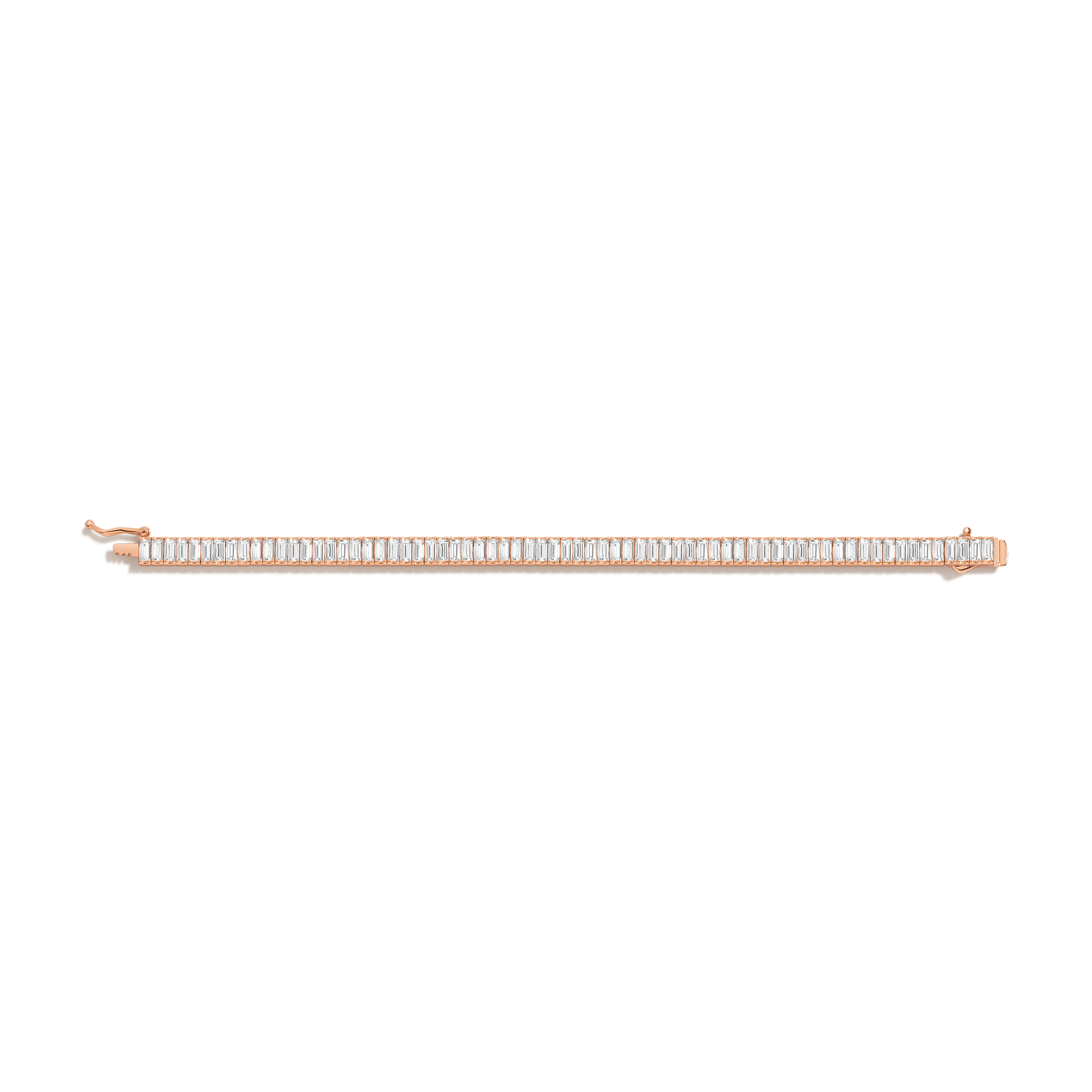 Rose gold tennis bracelet with rectangular white sapphire stones set in a continuous line.