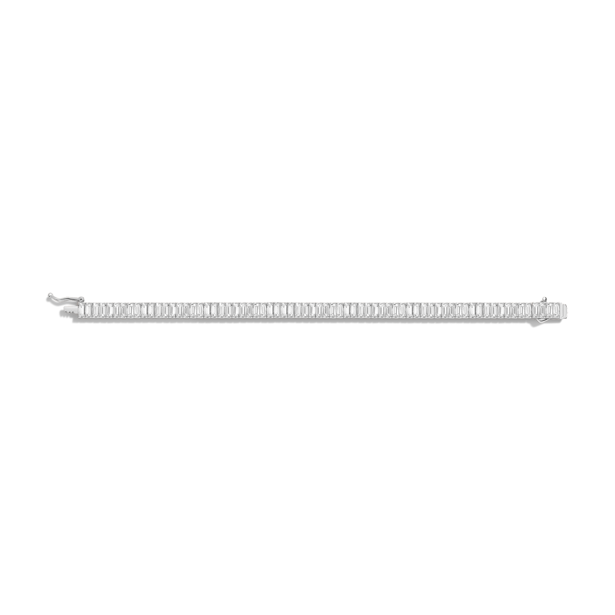 Silver tennis bracelet with rectangular baguette-cut white stones set in a continuous line with a clasp closure.
