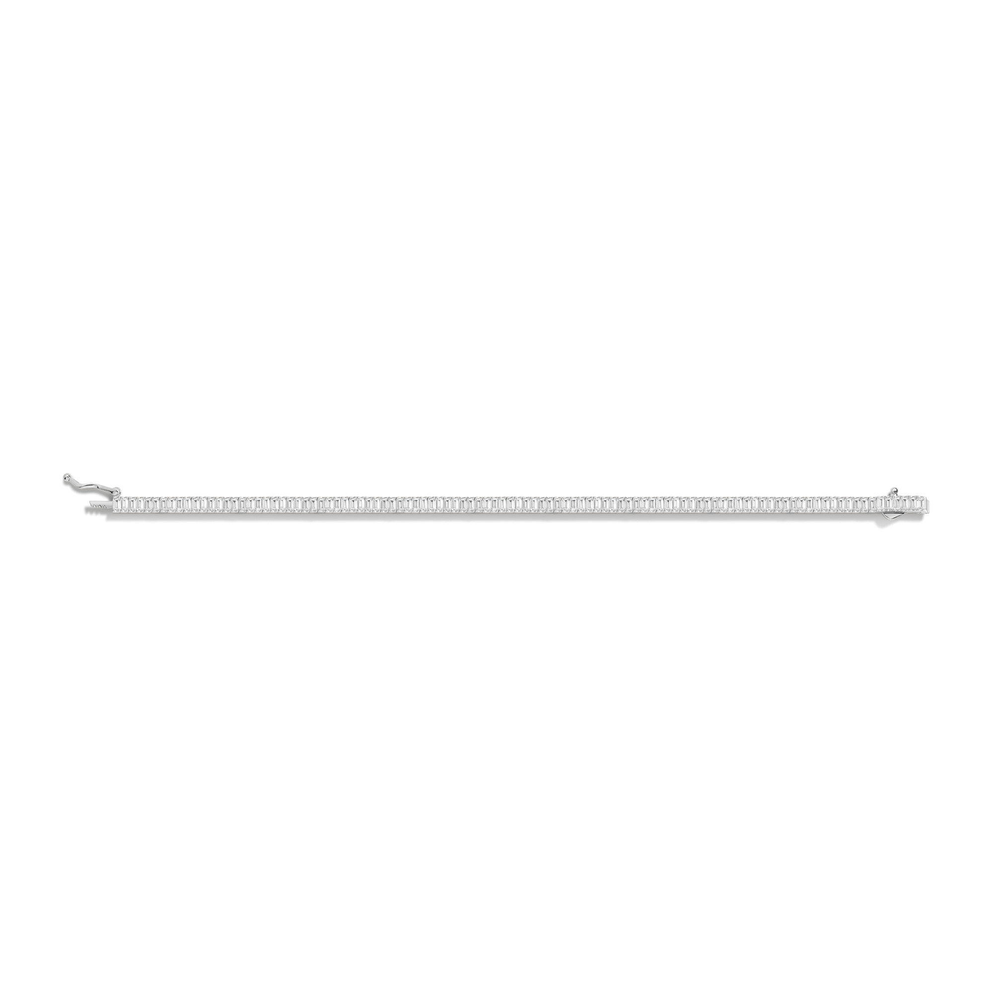 Silver tennis bracelet with rectangular white stones set in continuous row with clasp closure.