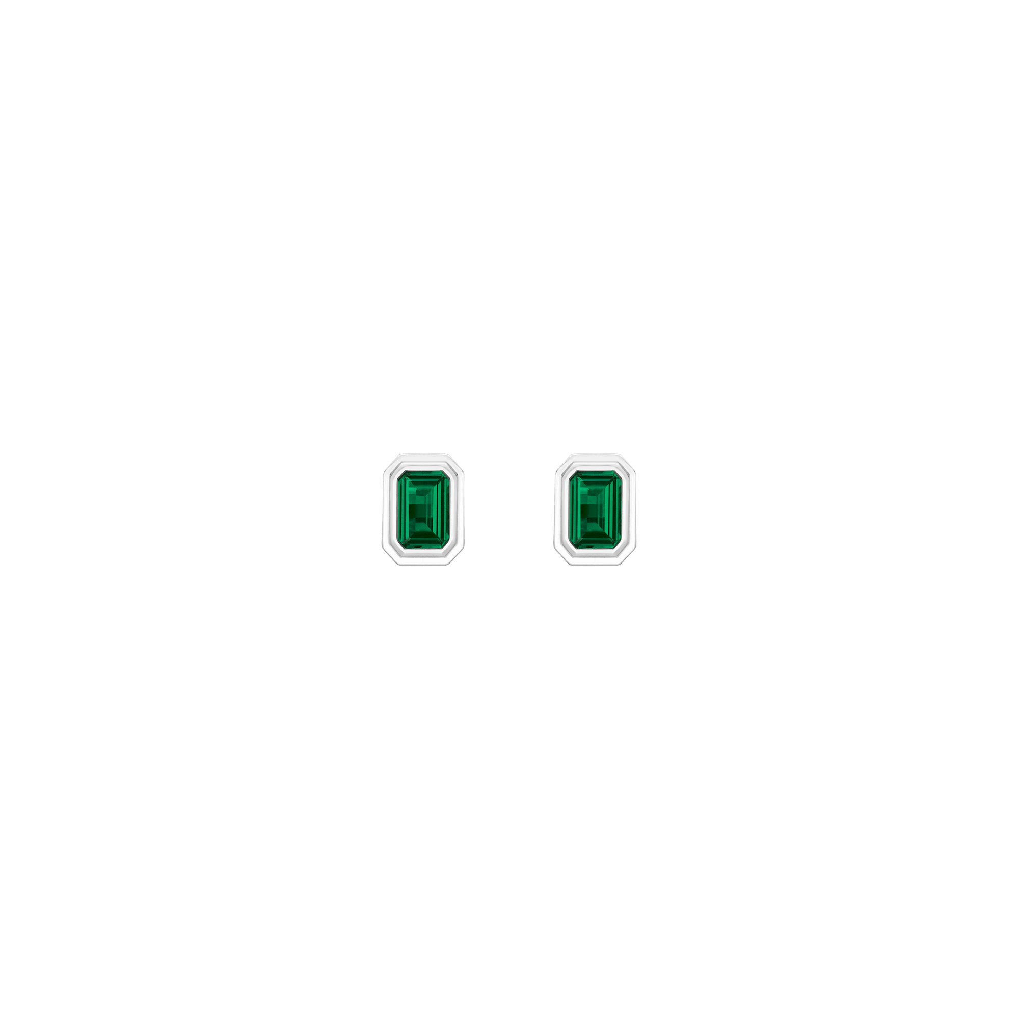 Pair of small stud earrings with rectangular green emerald stones set in silver bezels.
