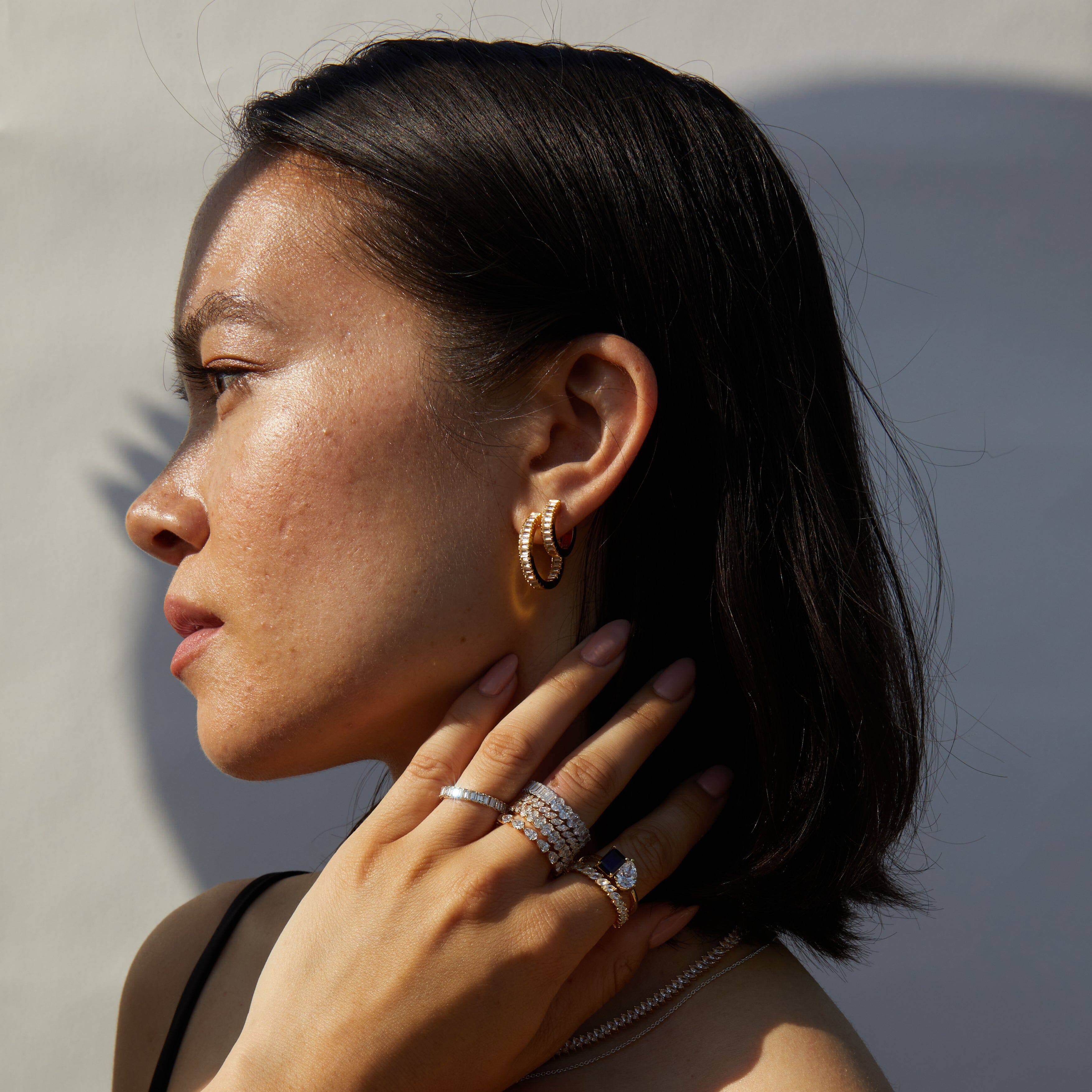Lab Grown White Sapphire Baguette Huggie Earrings