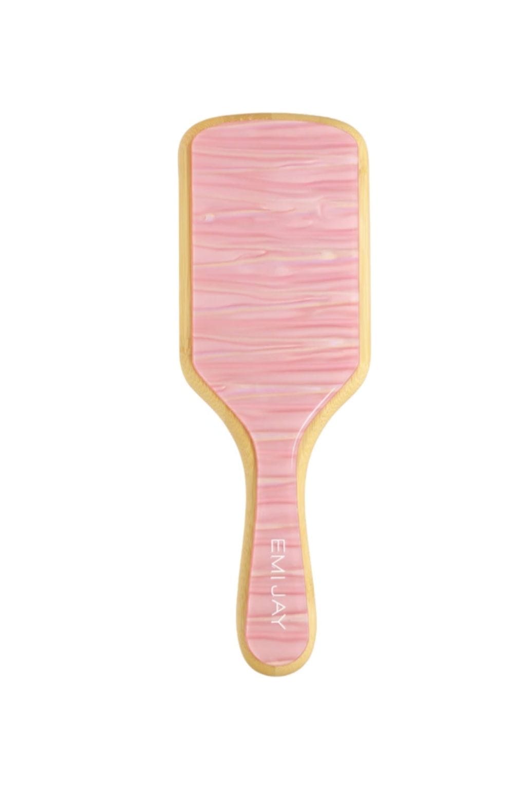 Bamboo paddle brush with pink textured surface and natural wood border, featuring rounded handle.
