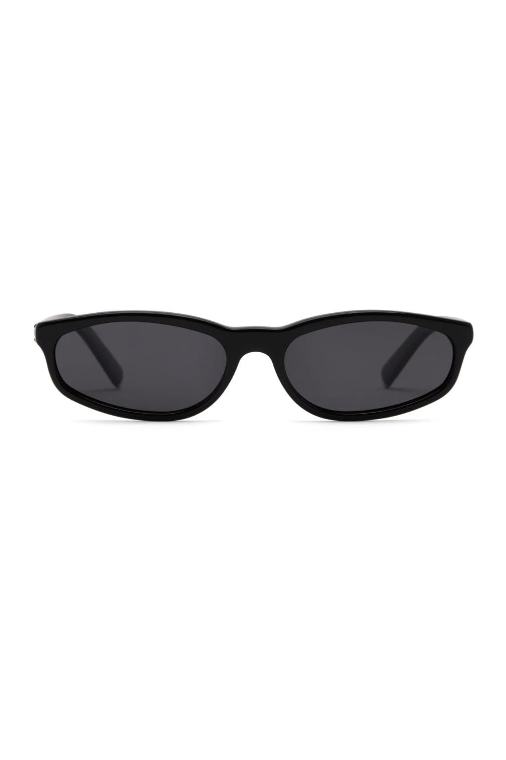 Black oval sunglasses with dark lenses and curved frames.