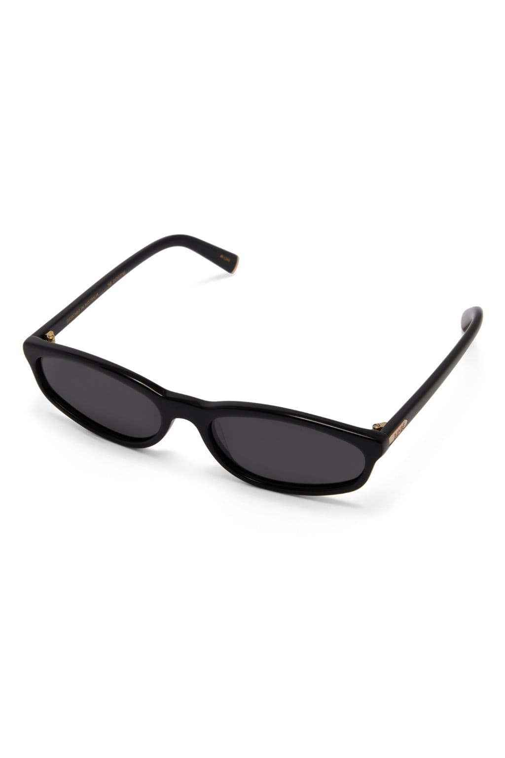 Black rectangular sunglasses with dark lenses and gold-toned hardware on the temples.