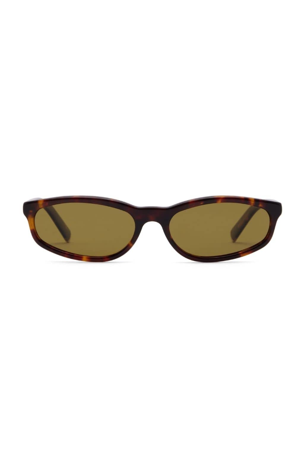 Tortoiseshell oval sunglasses with olive-tinted lenses and dark brown acetate frames.