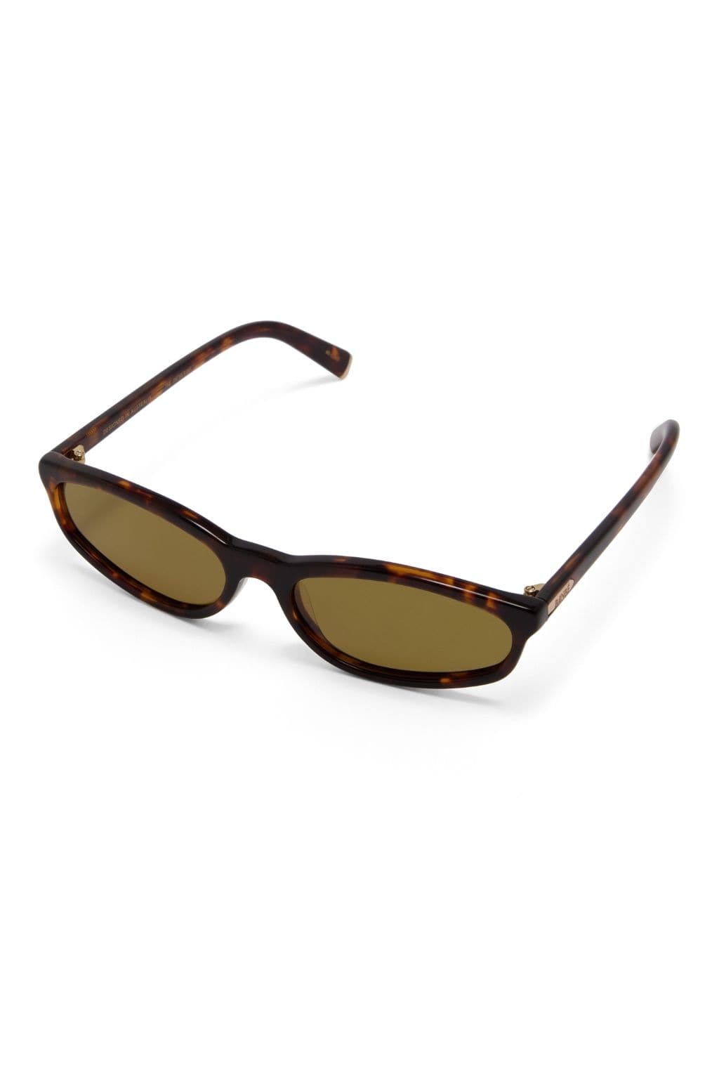 Tortoiseshell rectangular sunglasses with olive-tinted lenses and curved arms.