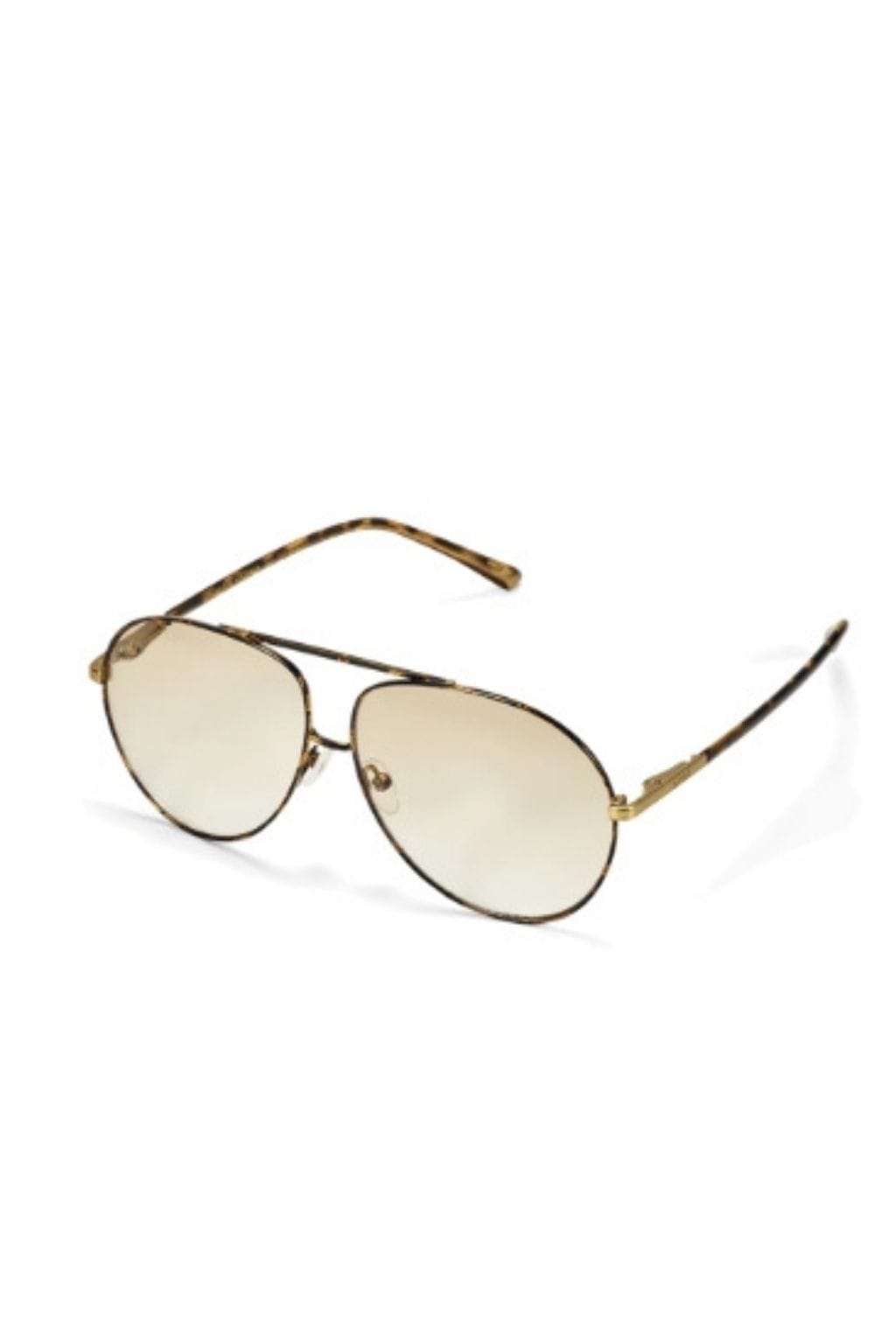 Aviator sunglasses with havana tortoiseshell and beige frames and light-tinted lenses.