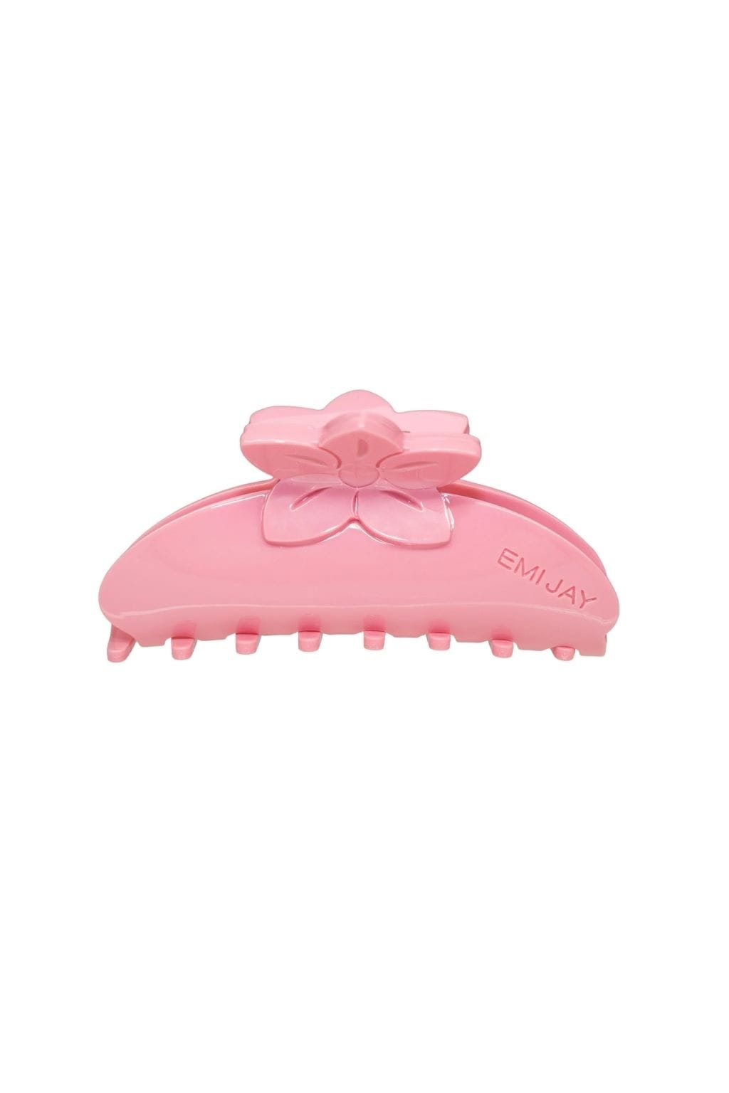Pink claw clip with flower-shaped top and ridged base, branded with "EMIJAY" text.