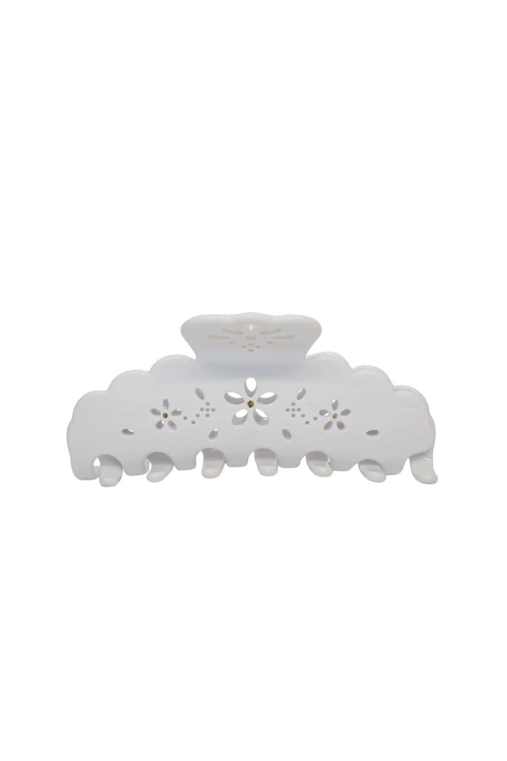 Large white hair clip with scalloped edges and floral eyelet cutout details.